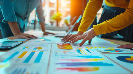 Diverse team of startup founders strategizing their business plan with digital charts and graphs.