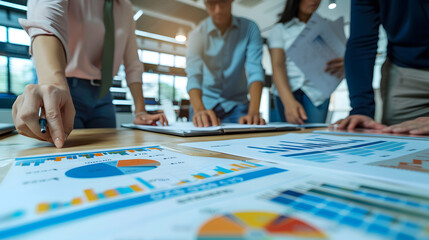 Obraz premium Diverse team of startup founders strategizing their business plan with digital charts and graphs.