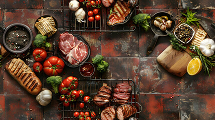 Photo realistic BBQ Celebration Tiles: Festive Independence Day barbecue with grills, meats, and gatherings   Photo Stock Concept