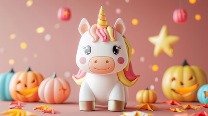 Fototapeta premium Halloween unicorn 3D rendering, cute and colorful.