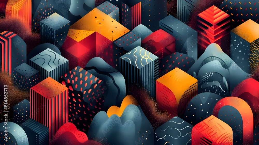 Aufkleber Vibrant Geometric Cube and Triangle Shapes in Digital Architectural Design Abstract 3D Render