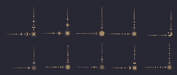 Magic celestial border corners. Vector set of decorative golden angles with stars, moons, suns and cosmic patterns. Boho style, elegant space decoration with a unique stellar embellishments © Vector Tradition