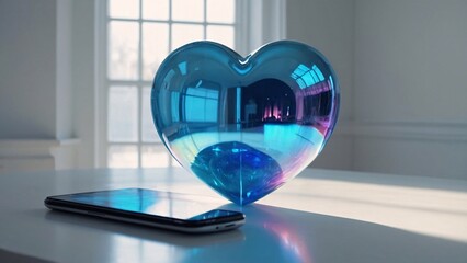A bright, minimalistic setting featuring a large tablet displaying a vibrant blue holographic 3D heart, laid on a white table within a clean