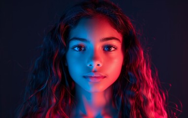 A young woman with long hair and a blue eye stares at the camera. The image has a moody and mysterious feel to it, as if the girl is lost in thought or contemplating something