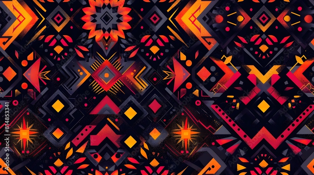 Aufkleber Vibrant Tribal Mosaic Pattern with Geometric Shapes and Symbols in Bright Multicolor Palette