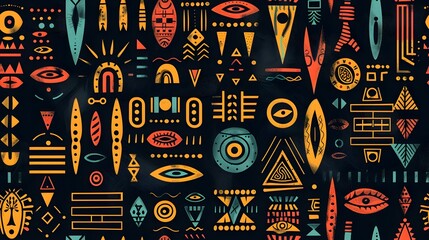 Vibrant Tribal Graphic Patterns and Symbols Forming Decorative Abstract Background