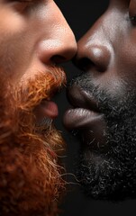 Intimate closeup photo of a loving kiss between a white man and a black man, celebrating diversity and affectionate bond