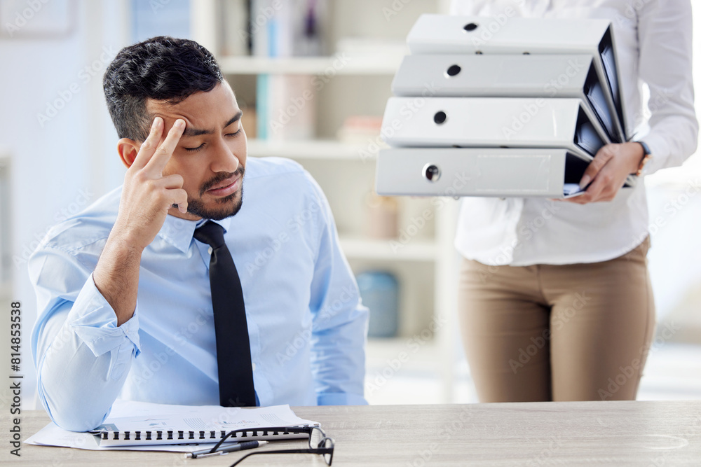Poster tired, stack of files and businessman with headache in office for editing report, burnout or project