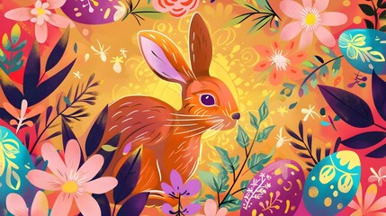 Whimsical Floral Rabbit in Vibrant Botanical Garden
