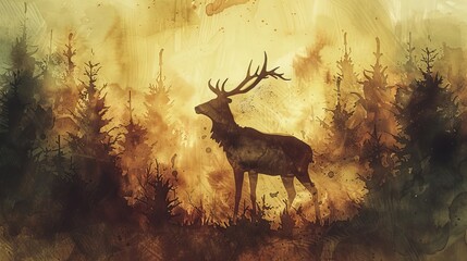 Dynamic watercolor scene of a deer with antlers silhouetted against the forest backdrop, hand-drawn lines highlighting its graceful form