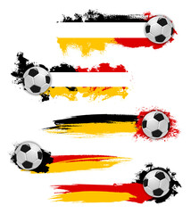 Germany 2024 euro soccer cup grunge banners. Vector soccer balls with vibrant brush strokes in black, red and yellow German team flag colors. Horizontal scratchy layout frames for championship events