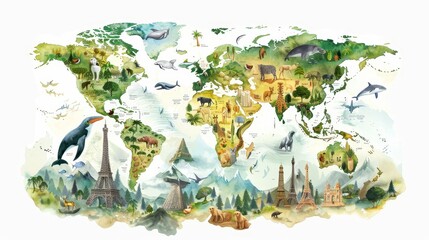 Fototapeta premium Educational watercolor world map, each region adorned with endemic species and significant natural landmarks, hand-drawn and isolated on white