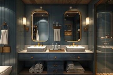 3d modern contemporary chic bathroom with two rectangle brass mirrors and a blue cabin