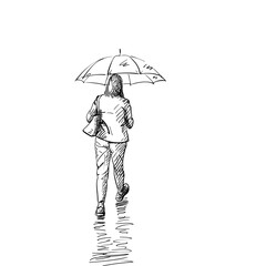 Woman walking under an umbrella in rainy weather, Hand drawn illustration, dressed in formal trousers, with a bag under her arm, View from behind, Vector freehand sketch