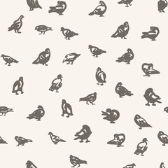 Hand drawn birds seamless pattern vector, quick sketch of many pigeons walking, standing, preening their plumage, randomly located on a beige background