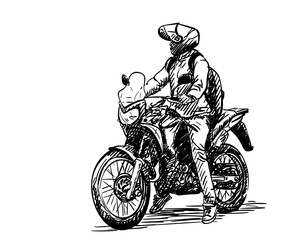 Man on a motorcycle hand drawn illustration, A man in urban casual clothes, with a backpack and a helmet stopped with both feet on the ground while driving a motorcycle, Vector freehand sketch