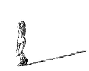A walking teenage girl in tight jeans and a t-short, comfortable shoes, straightens her hair with her hand, casting a long shadow, Vector sketch isolated, Hand drawn illustration