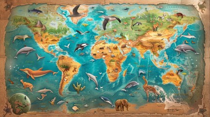 Fototapeta premium Fun and educational world map, illustrating diverse animals and natural scenes, like dolphins in the oceans and camels in the deserts, for a child's room