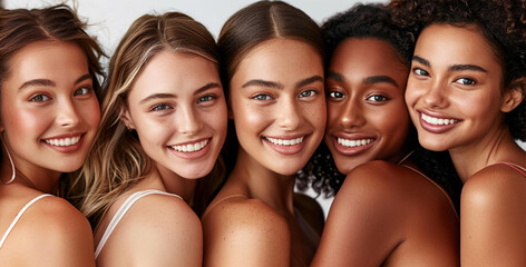 Beautiful diverse girls posing together, smiling and looking at the camera. Portrait of young multiracial women standing together and smiling, Generative Ai. 