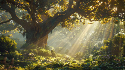  A lush, ancient forest environment where detailed foliage and majestic trees are highlighted by...