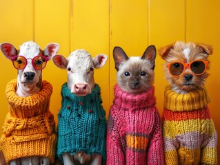 Fototapeta premium Creative animal concept. Cow, horse, dog, cat and rat in a herd, wearing vibrant bright fashionable clothes, colorful background, background advertising with copy space, birthday party invitation bann