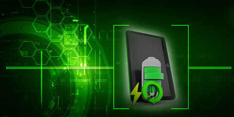 3d rendering renewable energy sign with battery around mobile phone