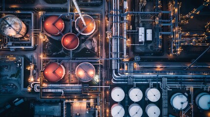 An aerial view of an oil refinery at night