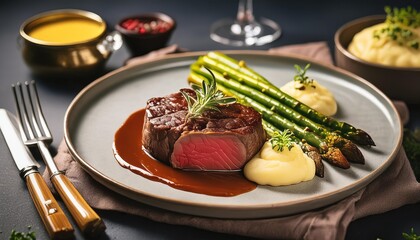 Gourmet medium-rare steak with mashed potatoes, asparagus, and rich brown sauce, garnished with rosemary, epitomizing fine dining elegance.