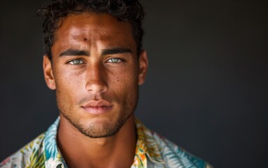 Obraz premium A man wearing a colorful floral shirt looks directly at the camera