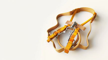 An isolated shot of a safety climbing harness equipped with carabiners on a white background, highlighting its robust construction.