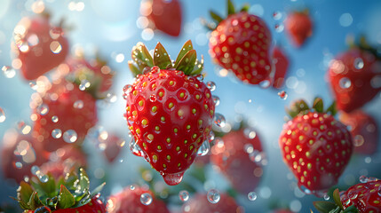 juicy fruit delicious strawberry and summer blue sky water splash