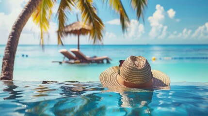 Tropical beach resort scene with a focus on a straw hat floating on the edge of a clear blue infinity pool, overlooking a sandy beach, a thatched-roof sunbed