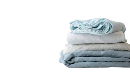 Stack of clean bed linen isolated on transparent and white background.PNG image.