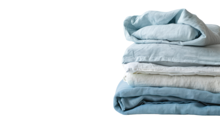 Stack of clean bed linen isolated on transparent and white background.PNG image.