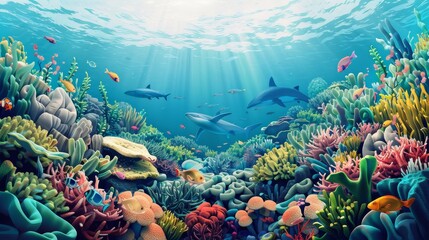 A colorful underwater scene with a variety of fish and sharks swimming around