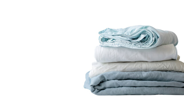 Stack of clean bed linen isolated on transparent and white background.PNG image.