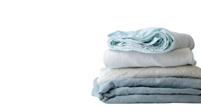 Stack of clean bed linen isolated on transparent and white background.PNG image.
