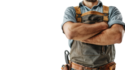 skillful worker man labor technician with crossed arms isolated on transparent and white background.PNG image.