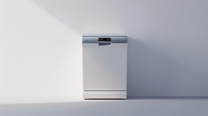 Modern white dishwasher integrated into a minimalist kitchen setting, showcasing a sleek design with digital display.