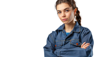 skillful woman technician in blue work clothes on transparent and white background.PNG image.