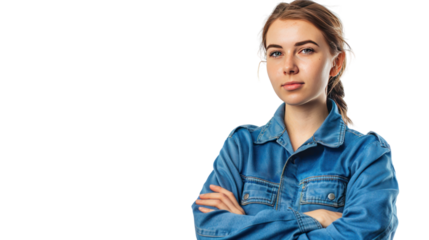 skillful woman technician in blue work clothes on transparent and white background.PNG image.