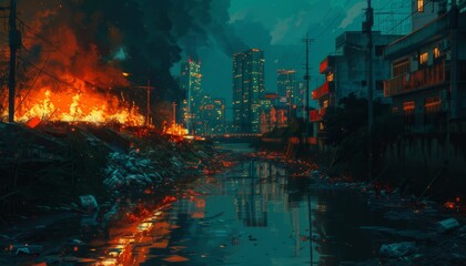 The image shows a city in ruins, with fire and destruction everywhere. The once-thriving metropolis is now a ghost town.
