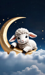 Obraz premium A cute lamb sleeps on a crescent moon in a cloud against the background of the starry sky and has wonderful dreams