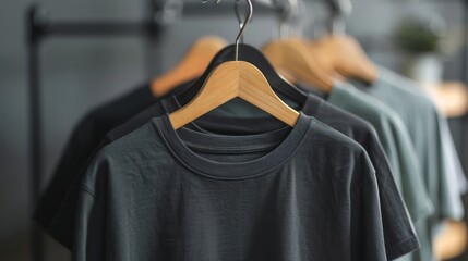 High-definition photo of a black t-shirt displayed on a wooden hanger. The image offers a detailed view of the t-shirt's front and back, with a focus on the clean drape and wrinkle-free fabric.