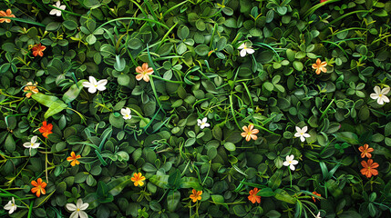 Green grass background with small flowers. Top view, flat lay. seamless background,