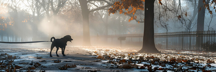Foggy Morning Dog Walk: A serene photo realistic concept capturing a peaceful morning stroll with a dog through a foggy neighborhood park, perfect for reflection and companionship.
