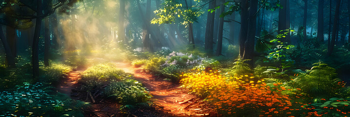Enchanted Forest Trail: A Colorful Rainbow Journey Through Lush Woodland Scenery