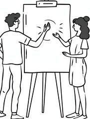 Two men conversing in front of a whiteboard