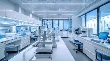 Naklejka na ściany i meble A modern lab with white and blue accents. High end lab equipment sits on work tables in the center of the room.