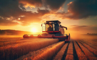 Fototapeta premium Combine harvester harvesting ripe wheat on big wheat field and tractor